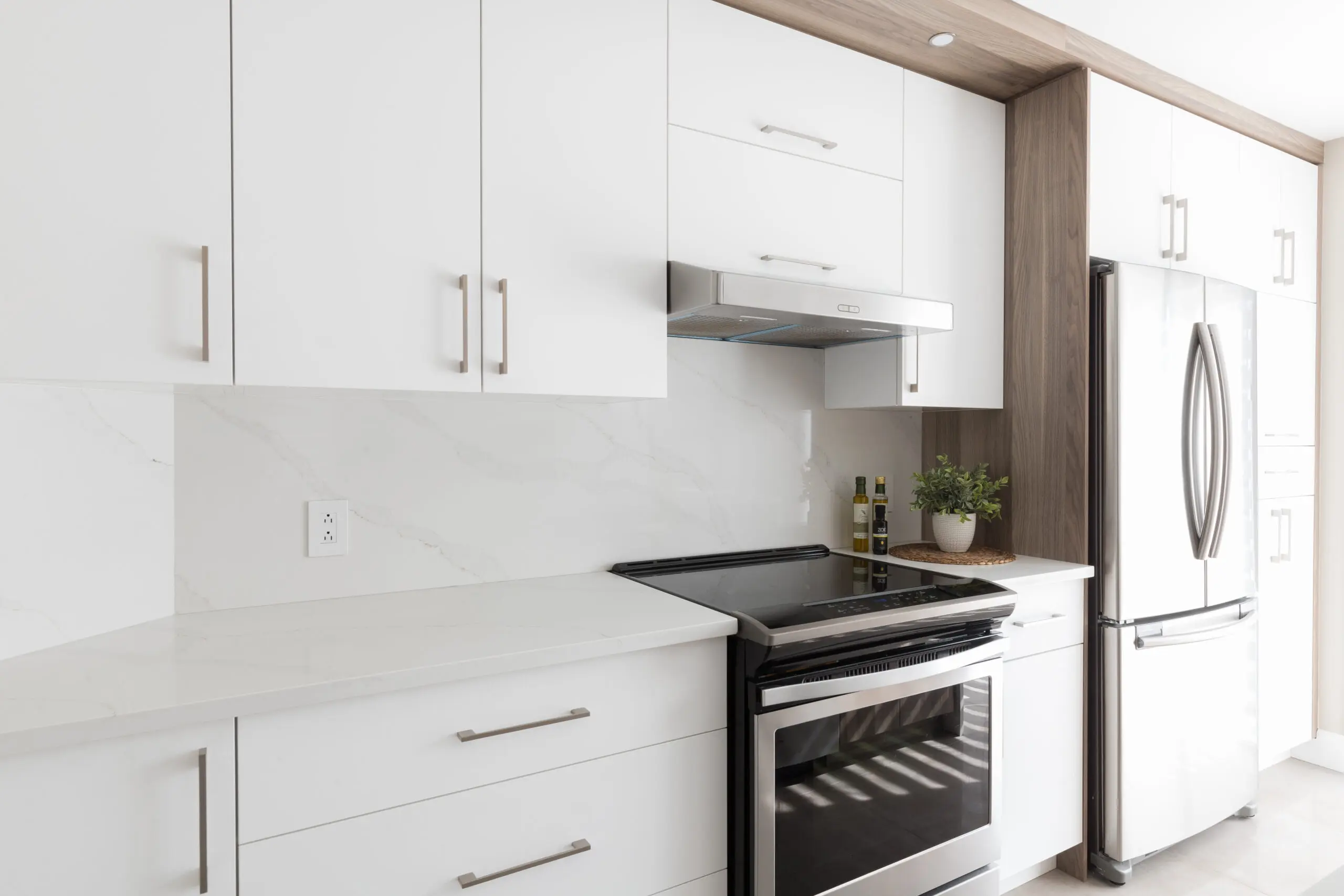 Cuisine moderne avec des armoires blanches, des appareils en acier inoxydable, une cuisinière électrique, une hotte argentée, une plante en pot et un réfrigérateur. Les plans de travail et le dosseret sont blancs avec de subtiles veinures grises.