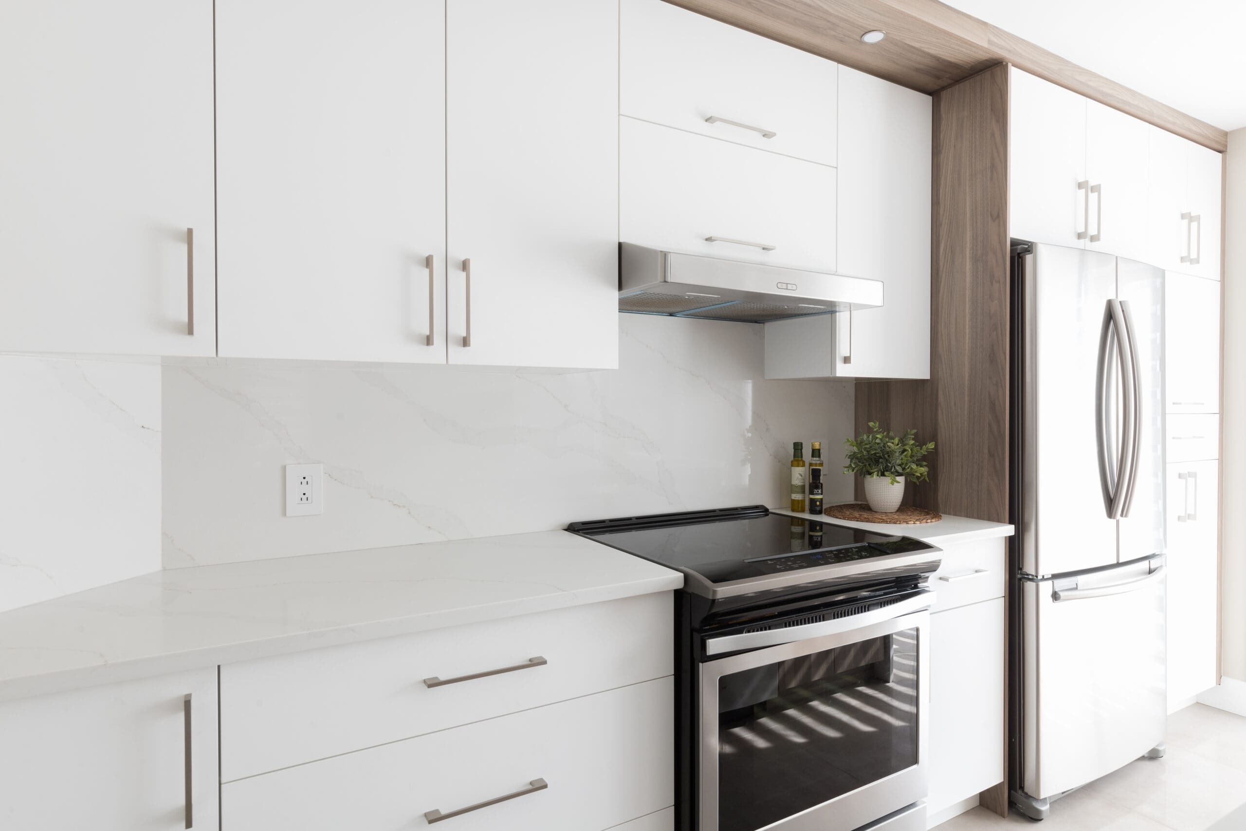 Cuisine moderne avec des armoires blanches, des appareils en acier inoxydable, une cuisinière électrique, une hotte argentée, une plante en pot et un réfrigérateur. Les plans de travail et le dosseret sont blancs avec de subtiles veinures grises.
