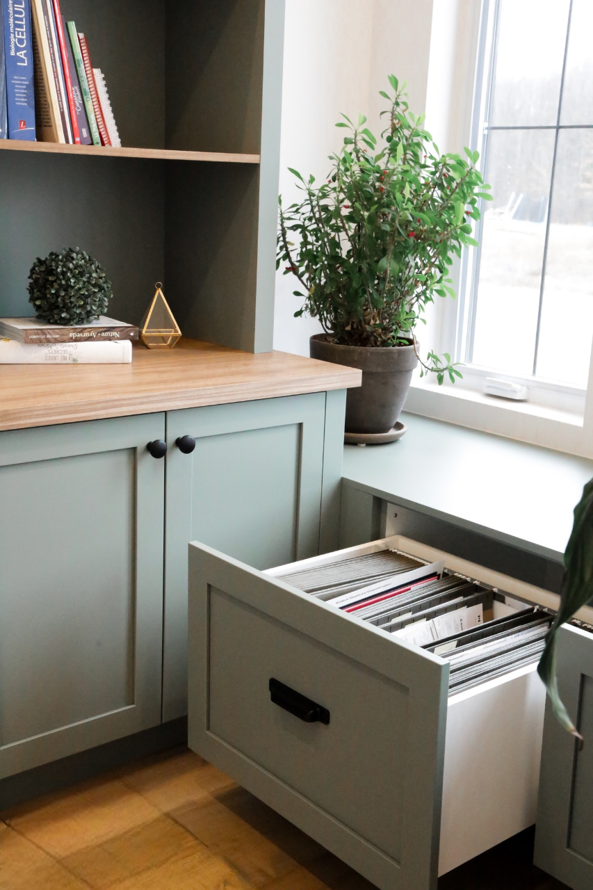 Le tiroir d'un classeur vert est ouvert, laissant apparaître des dossiers bien rangés. L'armoire se trouve à côté d'une fenêtre avec une plante en pot sur le rebord et une étagère avec quelques livres et objets décoratifs sur le dessus.