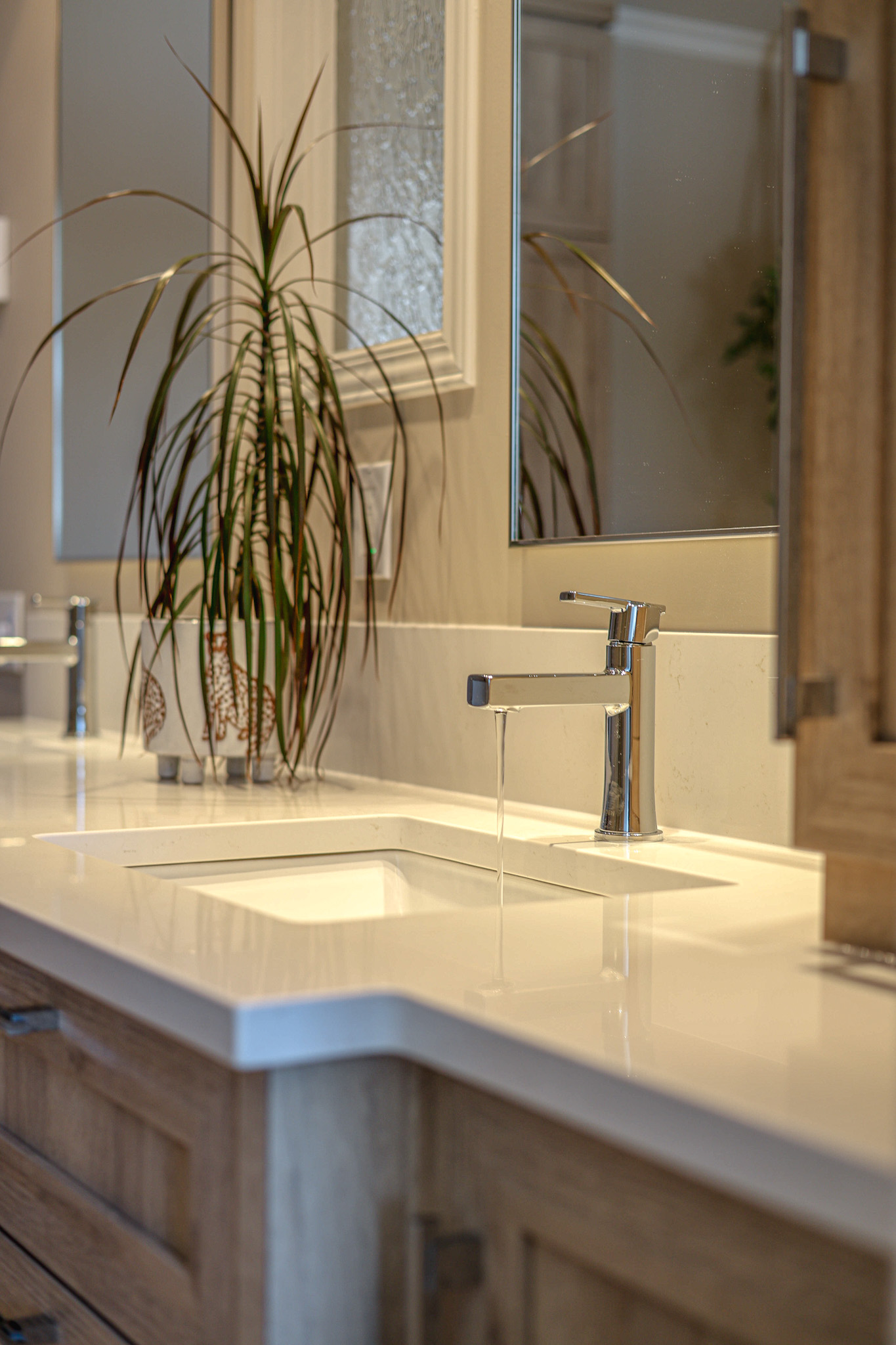 Un lavabo de salle de bain moderne avec un robinet chromé élégant laissant couler l'eau, posé sur un comptoir blanc. Une grande plante feuillue et un meuble-lavabo en bois sont visibles, avec un miroir et des éléments décoratifs en arrière-plan.